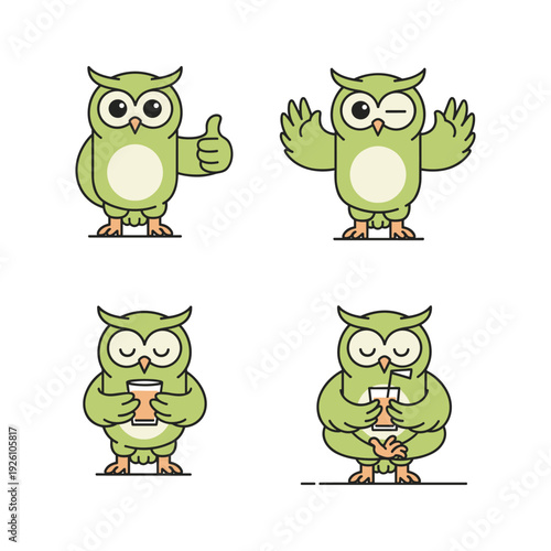 Cartoon owl set showing different emotions and actions on white background