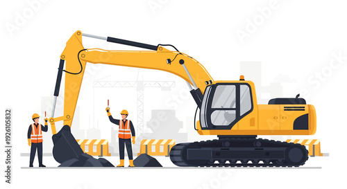 Construction workers operate a large yellow excavator at a site.