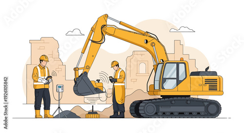 Construction workers operate a yellow excavator on a building site.