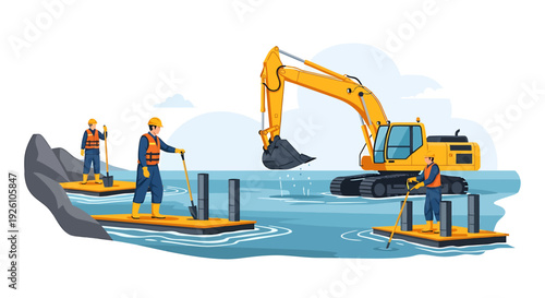 Construction workers operate excavator and equipment on water.