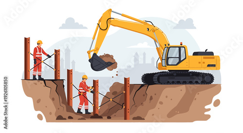 Construction workers operate excavator and pile driving machinery on a site.