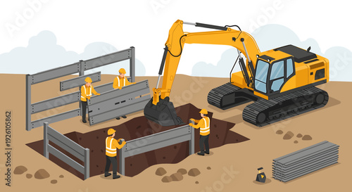 Construction workers operate excavator and install trench safety system.