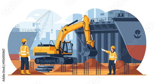 Construction workers operate excavator at industrial port site.