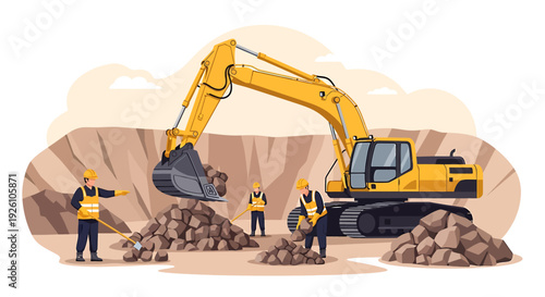 Construction workers operate excavator at a dig site.