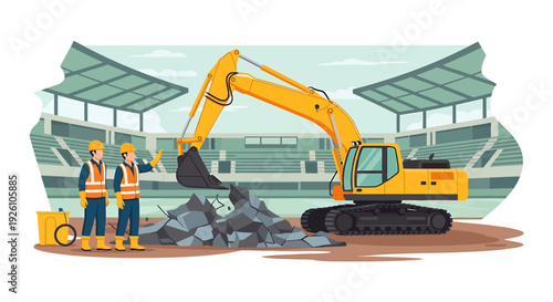 Construction workers operate excavator at stadium renovation site.