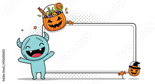 Cute blue monster character standing next to a blank whiteboard surrounded by Halloween pumpkins and treats for custom messages.