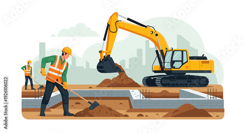 Construction workers operate heavy machinery on a building site.