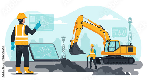 Construction workers operate heavy machinery and digital interfaces on site.