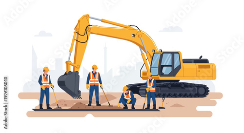 Construction workers operate heavy machinery on a building site.