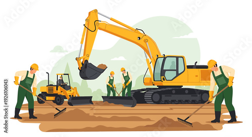 Construction workers operate heavy machinery on a building site.