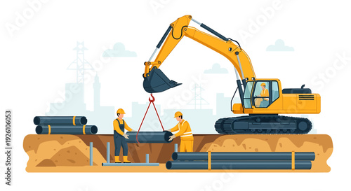 Construction workers operate excavator to lay pipes underground.