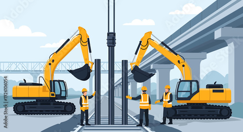 Construction workers operate excavators on a building site.