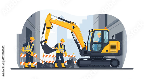 Construction workers operate heavy machinery on a city street.