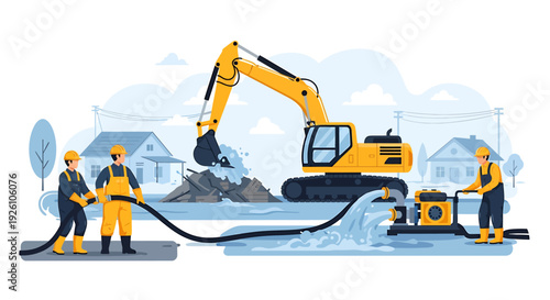 Construction workers operating excavator and water pump during heavy rain.