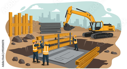 Construction workers operating heavy machinery at a building site.