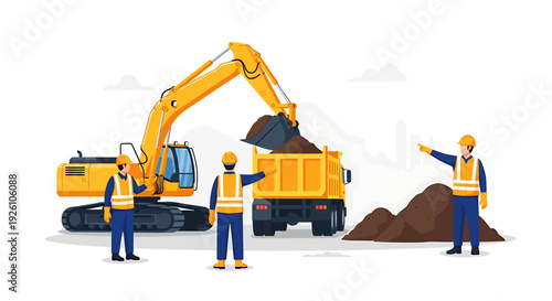 Construction workers operating heavy machinery at a site.