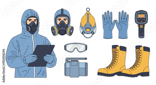 Professional worker in a protective hazmat suit with icons of essential safety equipment including gas mask gloves and boots.