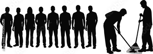 Silhouette of diverse workers standing in lineup with men cleaning ground using rake and broom, teamwork and labor service concept illustration on white background