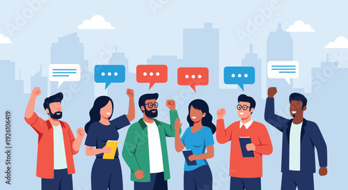 Diverse group of people with colorful speech bubbles standing against a city skyline background symbolizing community and communication.