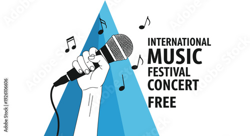 International Music Festival Free Concert banner featuring a hand holding a microphone and musical notes on a blue background.