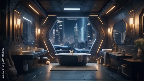 luxury futuristic bathroom interior with night city theme, part 2