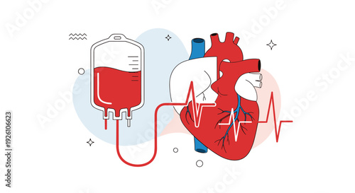 Medical illustration for blood donation showing a red blood bag connected to a human heart with an electrocardiogram line.
