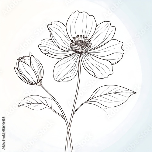 A detailed line drawing of a blooming flower and bud