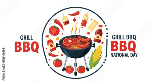 Grill BBQ National Day banner with a central barbecue grill and floating icons of meat sausages vegetables and condiments.