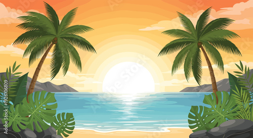 Serene tropical beach landscape with palm trees at sunset and a bright sun reflecting on the calm ocean water surface.