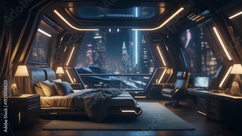  luxury futuristic bedroom interior with night city theme, part 2