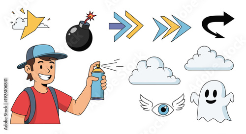 Smiling boy with a backpack holding a blue spray can surrounded by graffiti style icons like a bomb clouds and arrows.