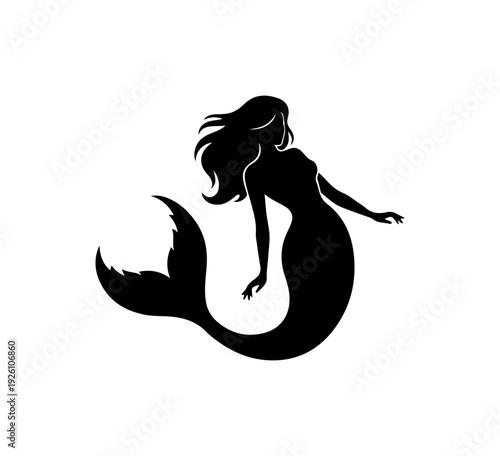 Mermaid silhouette with flowing hair and shimmering tail swimming