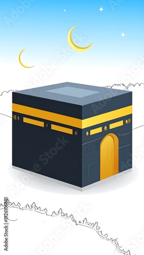 A digital illustration of a cube-shaped building with a yellow band