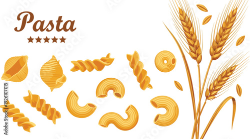 Italian Pasta Types Illustration with Wheat Ears Food Design Collection