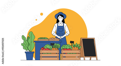 Female market vendor wearing mask and apron standing behind stall filled with fresh organic vegetables in crates.