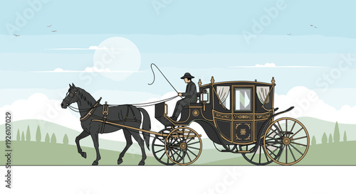 Elegant vintage horse-drawn carriage traveling across countryside landscape with hills and birds under pale sun.