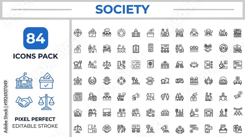 Society and Community Outline Vector Icon Set — Civic Public Service Justice Support and Social Communication Editable Stroke Icons