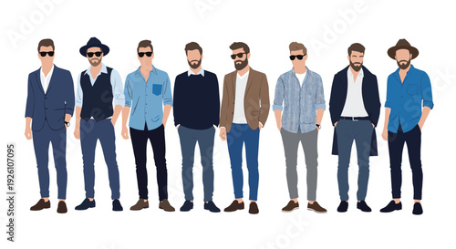 Large group of stylish men in various casual and professional outfits standing together on white background.
