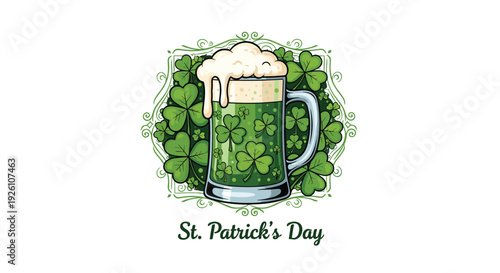Festive St. Patrick's Day illustration featuring green beer mug surrounded by lucky four-leaf clover shamrocks.