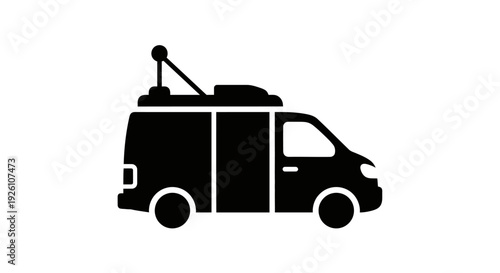Simple black silhouette of a van with antenna on roof.