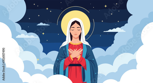 Religious illustration of Virgin Mary praying with hands on chest against starry night sky and white clouds.