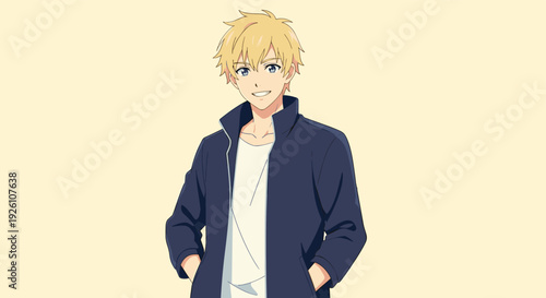 Portrait of a handsome and friendly blonde anime guy wearing white t-shirt and blue jacket on beige background.