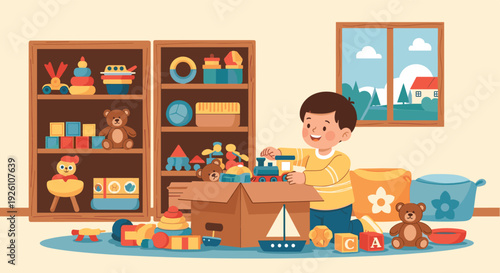 Happy young boy playing with various toys on rug in his room with shelves and window in background.