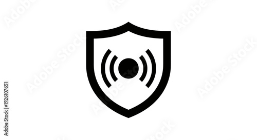 Simple black shield icon with sound waves symbolizing security and protection.