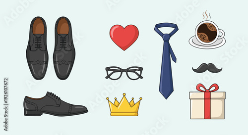 Stylish collection of men's fashion accessories including leather shoes, tie, glasses, crown, and gift box.