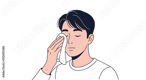 Young man cleaning his face with a soft white towel after washing in a clean and simple illustration.