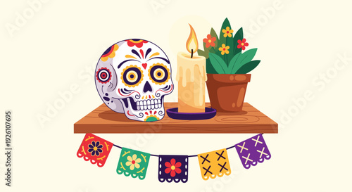 Traditional Day of the Dead altar featuring sugar skull, lit candle, and potted marigolds on wooden shelf.