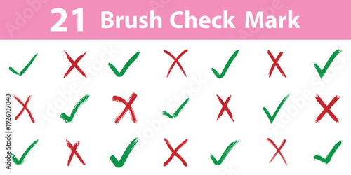 21 set of crayon grunge check mark elements. Brush, marker drawn check mark and cross icon set Collection of hand drawn doodle tick symbol, chalk checkmark illustration.
