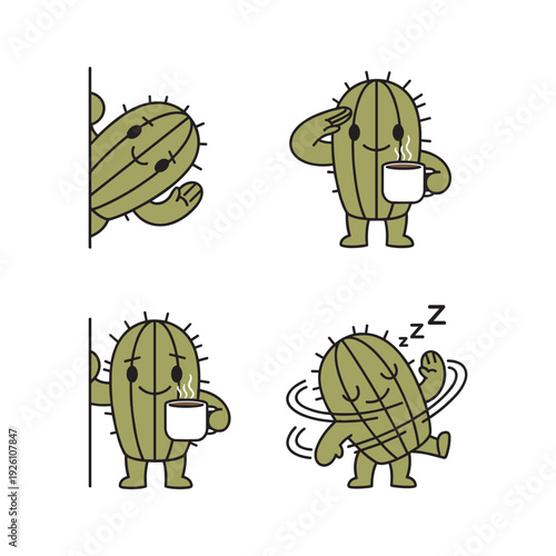 Cactus character drinking coffee and waking up in morning routine with humor