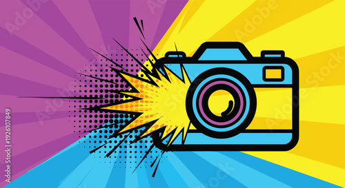 Colorful pop art style camera with explosive yellow flash against vibrant pink, yellow, and blue background.